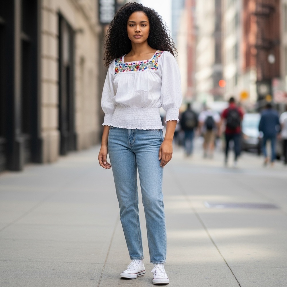 Boho Mexican White Floral Top New
New